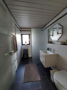 萨尔堡Ferienwohnung Zuckerberg的一间带卫生间、水槽和镜子的浴室