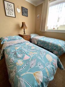 LeadhillsMinton cottage的一间卧室配有两张带蓝色棉被的床
