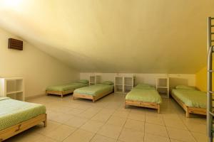 佩尼契Pineapple Surf House的配有4张带绿色床单的床的客房