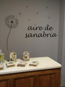 埃尔蓬特Aire de Sanabria的墙上挂着蒲公英标志的桌子