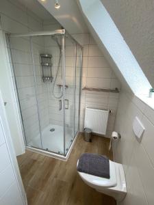 埃姆登Ferienhaus am Seedeich的一间带玻璃淋浴和卫生间的浴室
