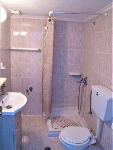 穆兹罗斯Toula's Garden - View Apartment的带淋浴、卫生间和盥洗盆的浴室