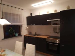 比赫莱尔塔尔Ferienwohnung Wintereck的厨房配有黑色橱柜和炉灶烤箱。