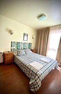 费莱乔萨Apartamentos Turísticos Cuirgu的一间卧室配有一张带铺着地毯的床和窗户。