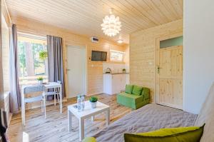 斯图托沃BURSZTYNOWO Ośrodek Wczasowy的客厅配有绿色沙发和桌子