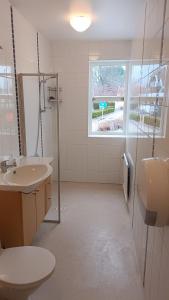 乌拉勒德Vandrarhem i Ullared的一间带两个盥洗盆和淋浴的浴室以及窗户。