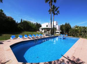 圣安东尼奥湾Villa Carvi的一个带椅子和棕榈树的大型游泳池