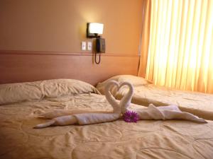 齐克拉约Hospedaje Oasis的床上用毛巾制成的天鹅