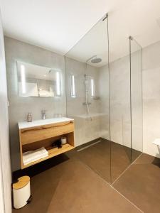 斯皮茨Weingut FJ Gritsch Mauritiushof Apartments的一间带水槽和玻璃淋浴的浴室