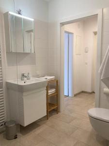 格拉茨Reload by BestChoice - Parking - Self Check-in的白色的浴室设有水槽和卫生间。