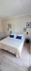 弗雷瑞斯Villa Junna的卧室配有一张带黑色枕头的大型白色床。