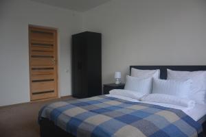考纳斯Salvia apartment的一间卧室配有一张带蓝白色毯子的床