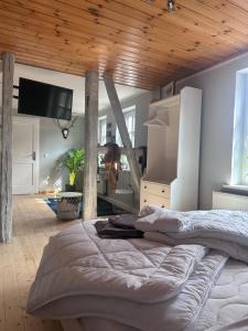 乌斯拉尔Allenberghütte Schoningen的一间卧室设有一张带木制天花板的大床