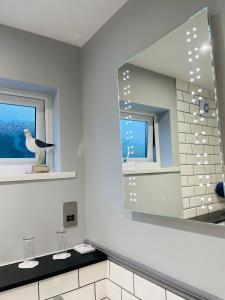 以撒港加文尼港旅馆的一间带大镜子和盥洗盆的浴室