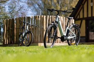 圣但尼勒蒂布Le Puits Jaune - Gîte Nature et Spa的两辆自行车停在围栏旁边的草地上