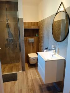 斯克拉斯卡波伦巴Magiczne Miejsce的浴室配有卫生间、盥洗盆和淋浴。