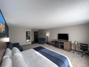 GroveHilltop Inn & Suites的一间卧室配有一张床和一台平面电视