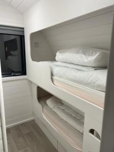杜林Gaoth na Mara pod的客房内的双层床配有白色枕头和电视