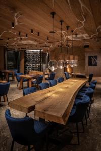 维特科维采Aldrov Resort的用餐室配有大型木桌和椅子