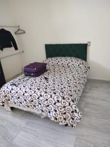 马萨特兰Excelente Depa en Sabalo Country的一张床上挂着紫色手提箱的床