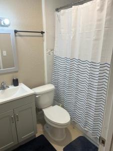 坦帕Oak Ridge House的一间带卫生间和淋浴帘的浴室