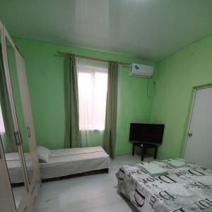 新阿丰Guest house na Myasnikova Diamond的绿色的客房设有两张床和窗户。