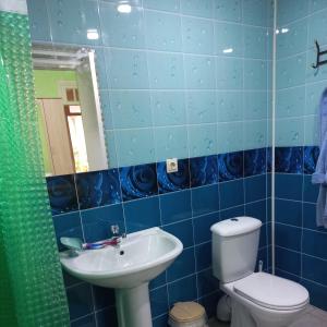 新阿丰Guest house na Myasnikova Diamond的蓝色瓷砖浴室设有卫生间和水槽