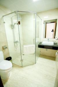 下龙湾Hạ Long Land Hotel的带淋浴、卫生间和盥洗盆的浴室