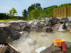 松岛町Ooedo Onsen Monogatari Premium Hotel Sokan的一座带岩石和瀑布的水池