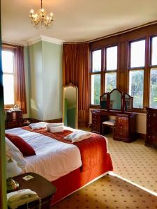 斯沃尼奇波贝克路易莎酒店的一间大卧室,配有一张大床和镜子