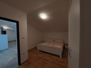 格雷巴蒂卡Apartman Ema的一间卧室配有一张床,天花板上拥有灯光