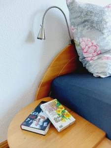 德累斯顿Helles Apartment mit Balkon am Großen Garten nahe Stadtzentrum的一张桌子上的书,旁边是一张带灯的床