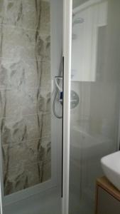 佩恩顿Hoburne Devon Bay stunning 3 bed luxury lodge的一间带玻璃淋浴间和水槽的浴室