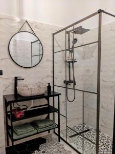 蒂米什瓦拉The Industrique Home - 3 Bedroom Apartment的带淋浴和镜子的浴室