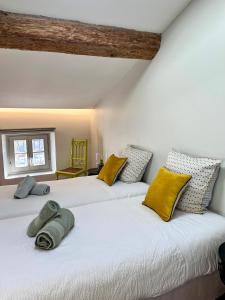 卡尔卡松LA COUR CARREE的配有黄色和灰色枕头的客房内的两张床