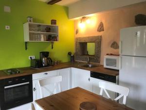 奥尔贝La Petite Finlande的厨房设有绿色的墙壁、白色的橱柜和白色的冰箱。