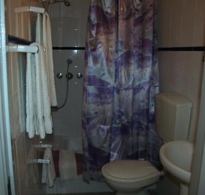 波尔蒂芒Santa Isabel的一间带卫生间和淋浴帘的浴室