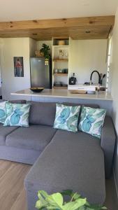 拉罗汤加Konini Retreat的带沙发的客厅和厨房