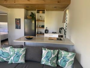 拉罗汤加Konini Retreat的带沙发的客厅和厨房
