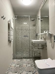 新古提Marina Śniardwy Resort的带淋浴、卫生间和盥洗盆的浴室