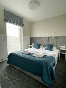 新古提Marina Śniardwy Resort的一间卧室配有一张带蓝色枕头的大床