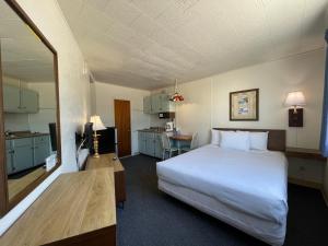 威尔伍德克拉斯特Bel Air Motel的酒店客房带一张床和一个厨房