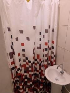 安格拉杜斯雷斯Hotel Pousada AngraAntiga的一间带水槽和淋浴帘的浴室