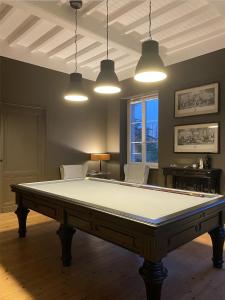 凯拉克Château Bernon Maison d Hotes - Piscine et sauna的一个带两个灯的房间的一张台球桌
