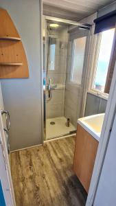 耶尔Mobil home 6 personnes camping 4* Les Pins Maritimes的带淋浴、盥洗盆和镜子的浴室
