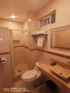 托雷翁Savoy Express的浴室配有卫生间、淋浴和盥洗盆。