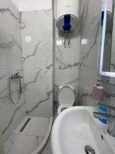 都拉斯Arteg Apartments - Full Sea View的一间带水槽、淋浴和卫生间的浴室