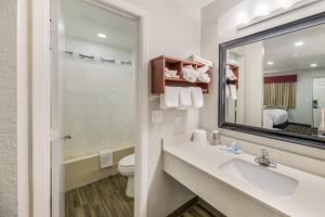 卡尔斯巴德Rodeway Inn的一间带水槽、镜子和卫生间的浴室