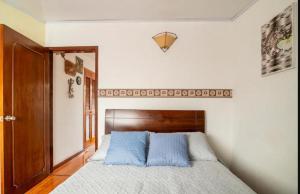 波哥大Excelente ubicación, movistar, parque simon Bolivar的一间卧室配有一张带蓝色枕头的床。