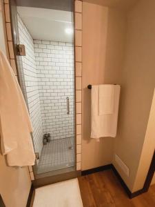 滑铁卢1-bedroom apartment in Uptown Waterloo的一间带步入式淋浴间和玻璃门的浴室